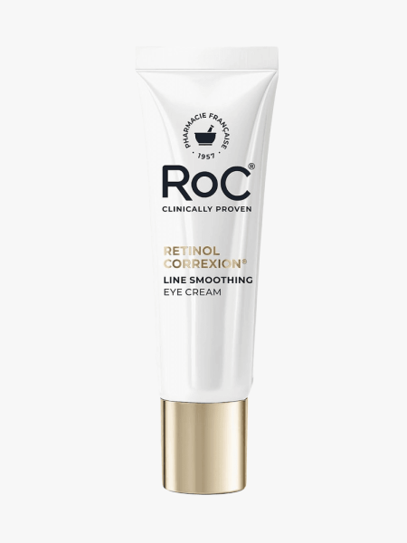 RoC Retinol Correxion Line Smoothing Eye Cream in branded tube component on a light gray background
