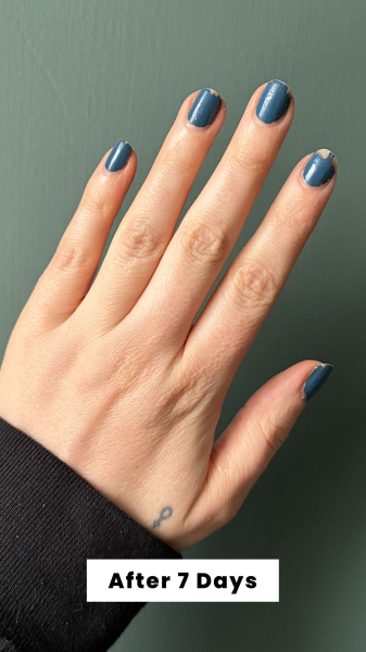 Hand shot of contributor Kara McGrath seven days after applying the Essie Gel Couture Nail Polish